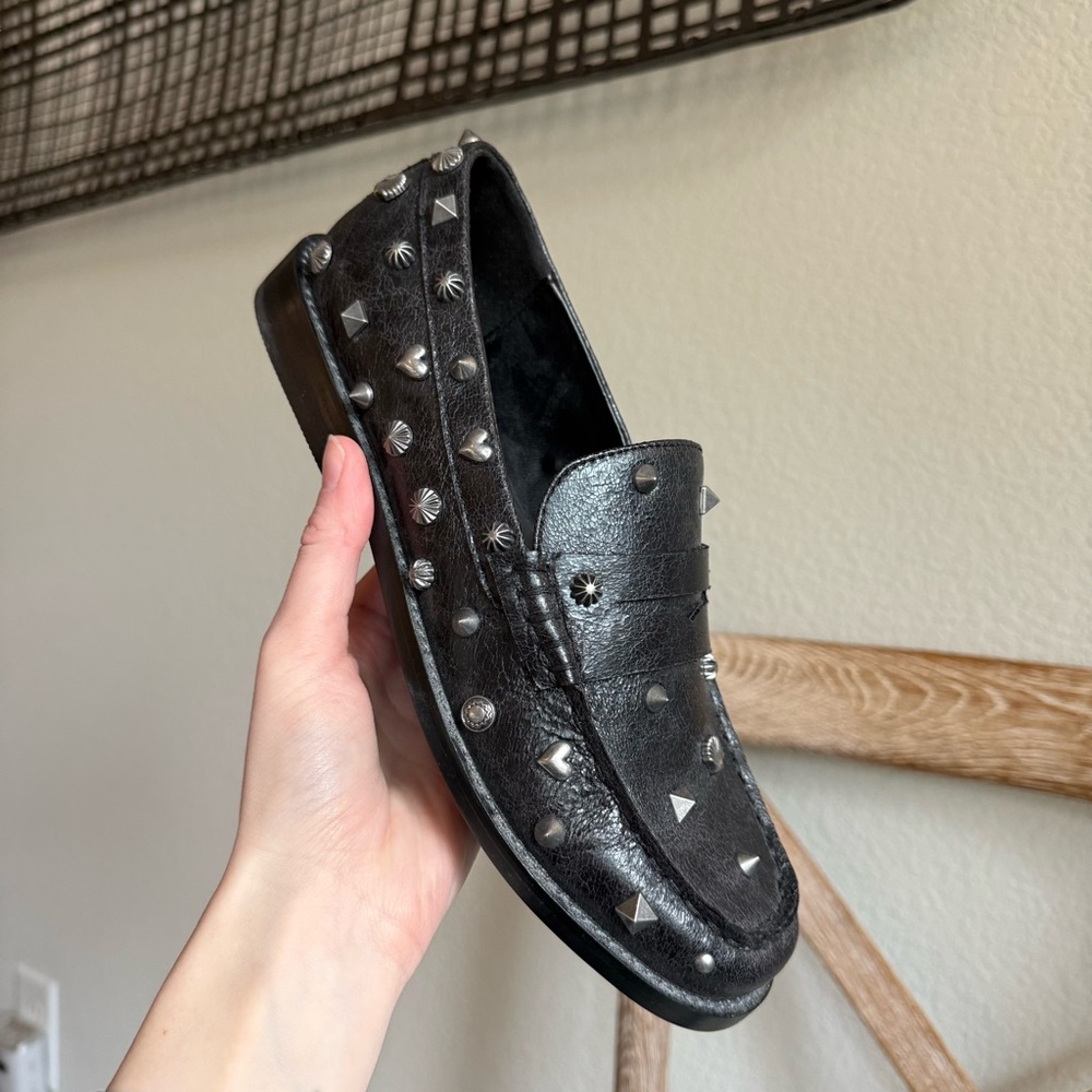 Free People Suki Black Studded Leather Penny Loafers size 7 - Picture 7 of 9